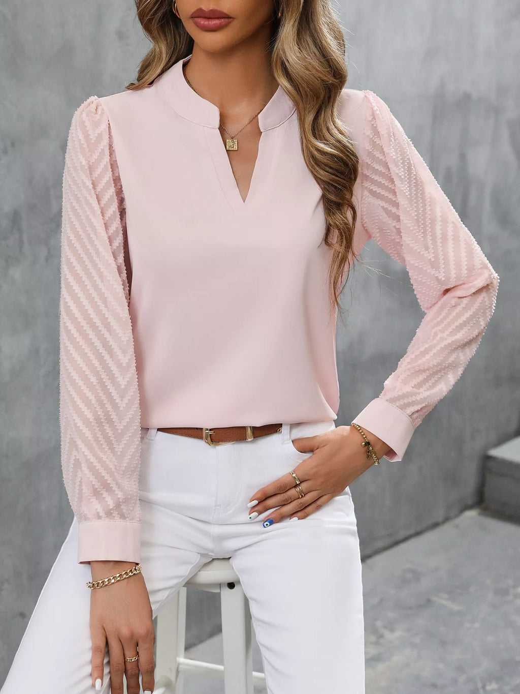 Sheer Sleeve V-neck Blouse (7)