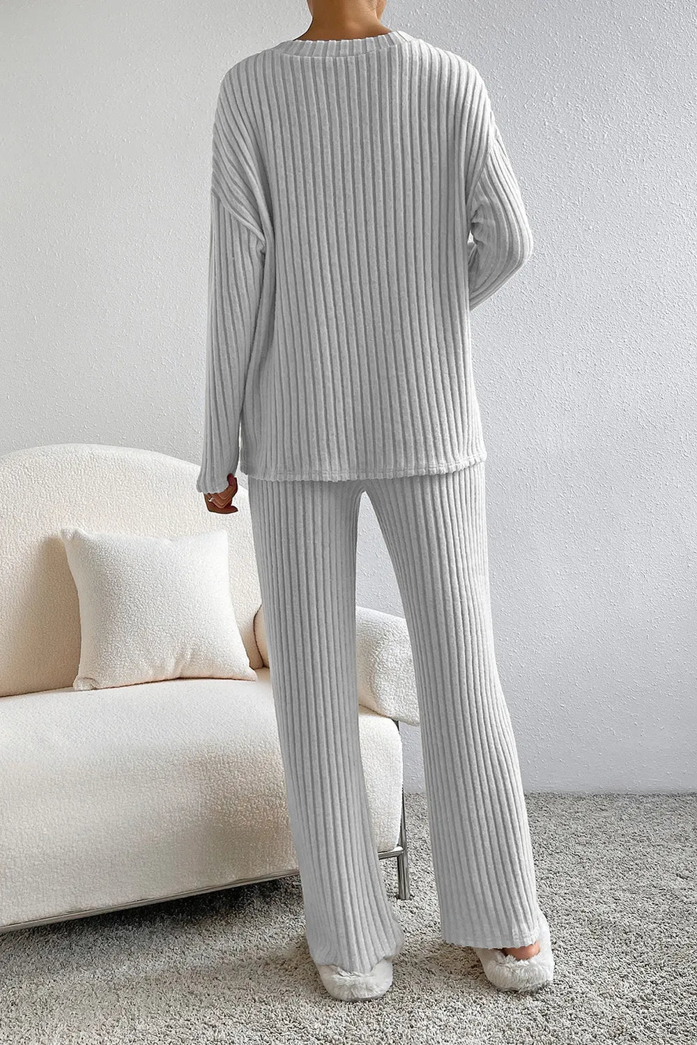 Ribbed V-neck Top Pants Lounge Set (10)