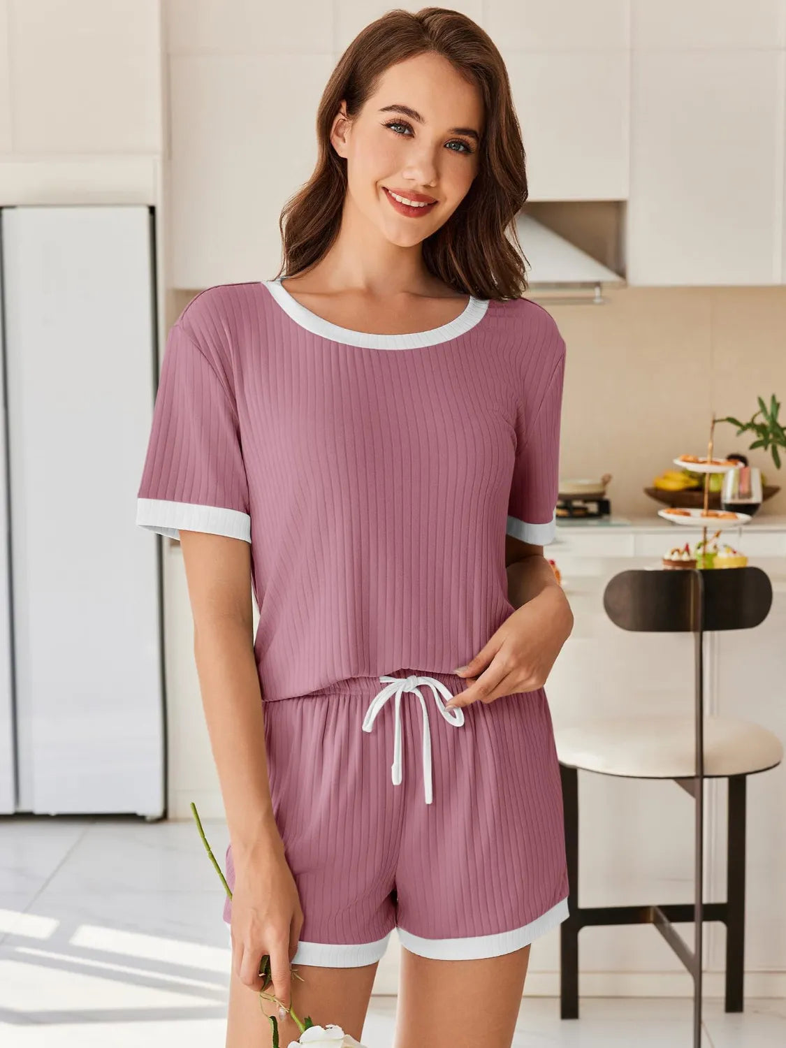 Ribbed Short Sleeve Top Shorts Set (5)