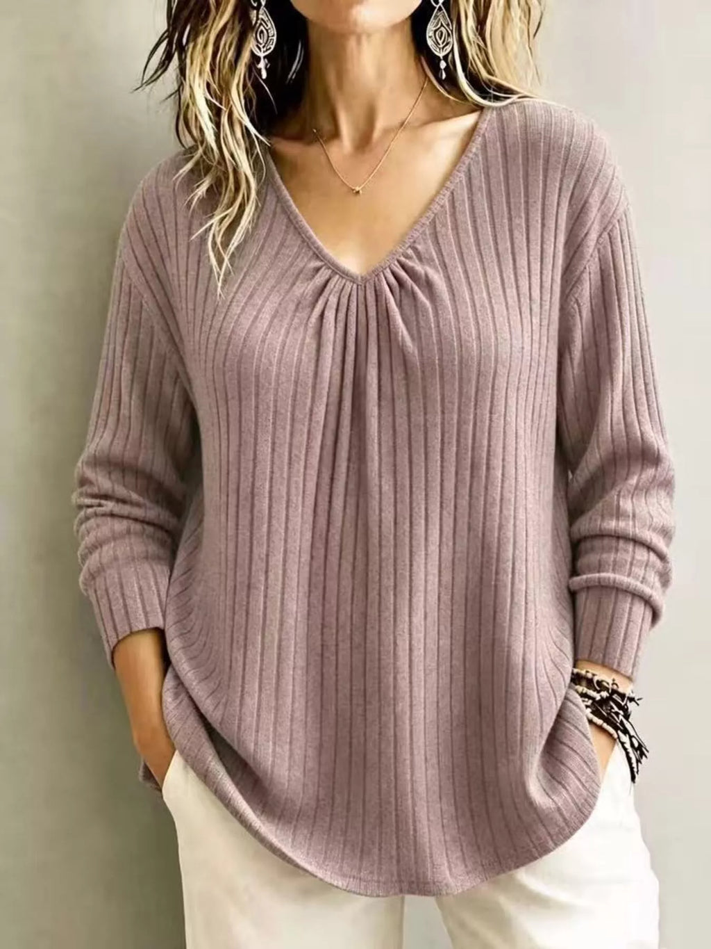 V-neck Ribbed Long Sleeve T-shirt (17)