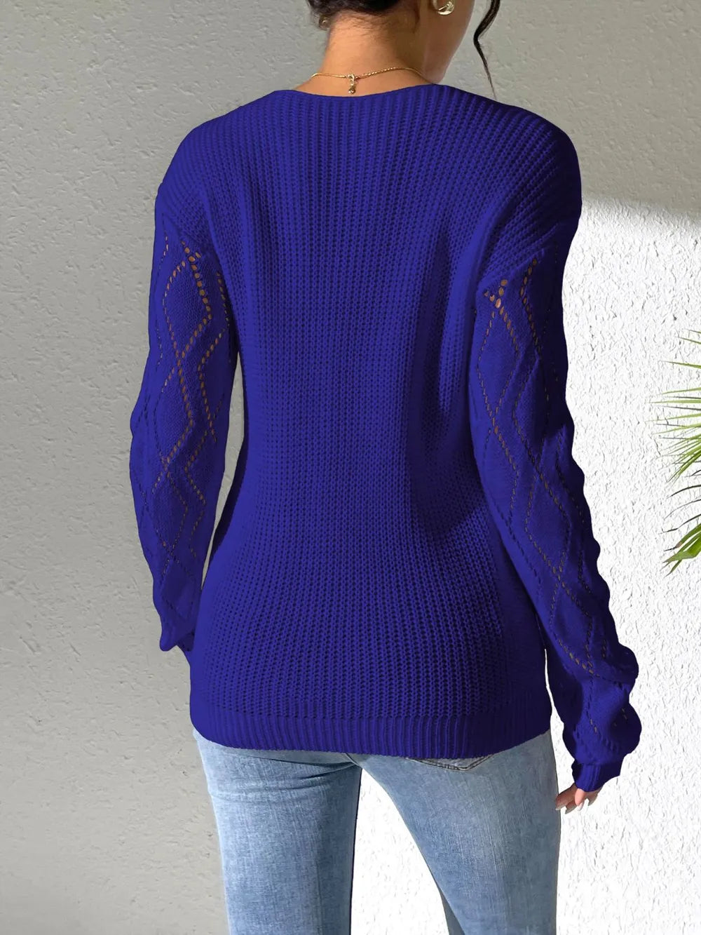 Openwork V-neck Long Sleeve Sweater (14)