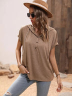 Half Button Hooded Short Sleeve Blouse (5)