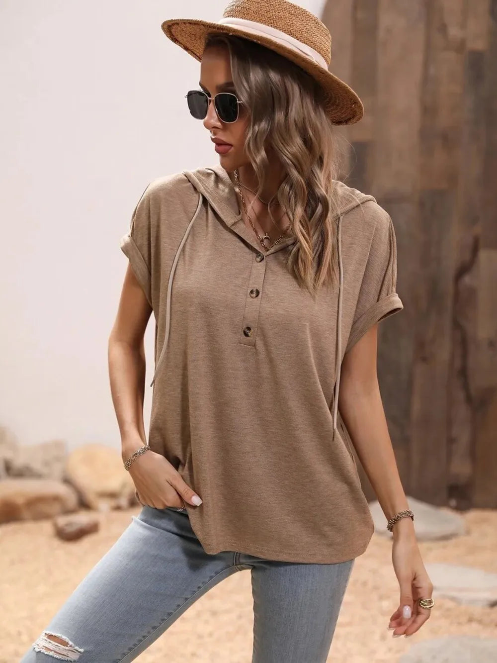 Half Button Hooded Short Sleeve Blouse (5)