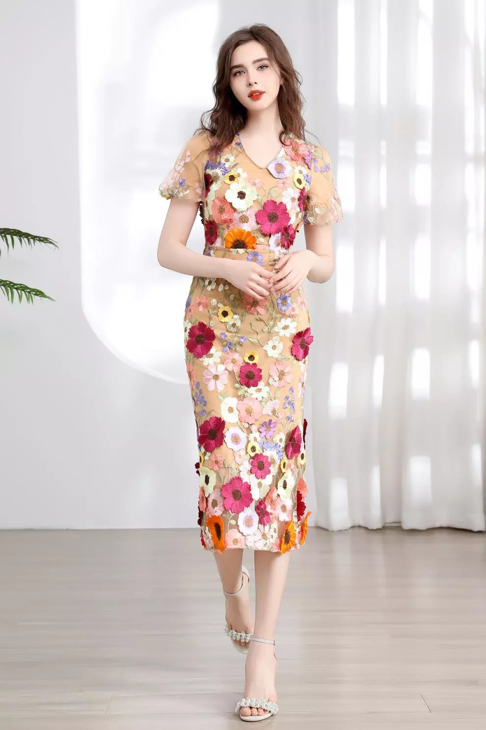 Floral Embroidered Puff Sleeve Midi Dress (33)