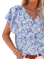 Full Size Floral Print Flutter Sleeve V-neck Blouse Plus (2)