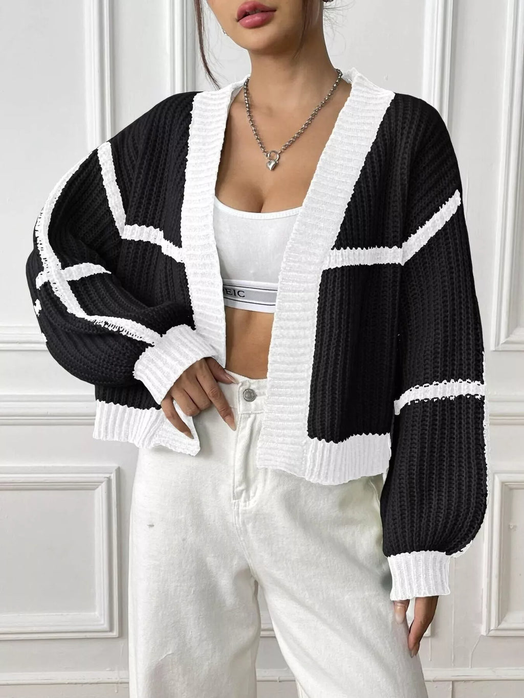 Color-block Ribbed Knit Open-front Cropped Cardigan (18)