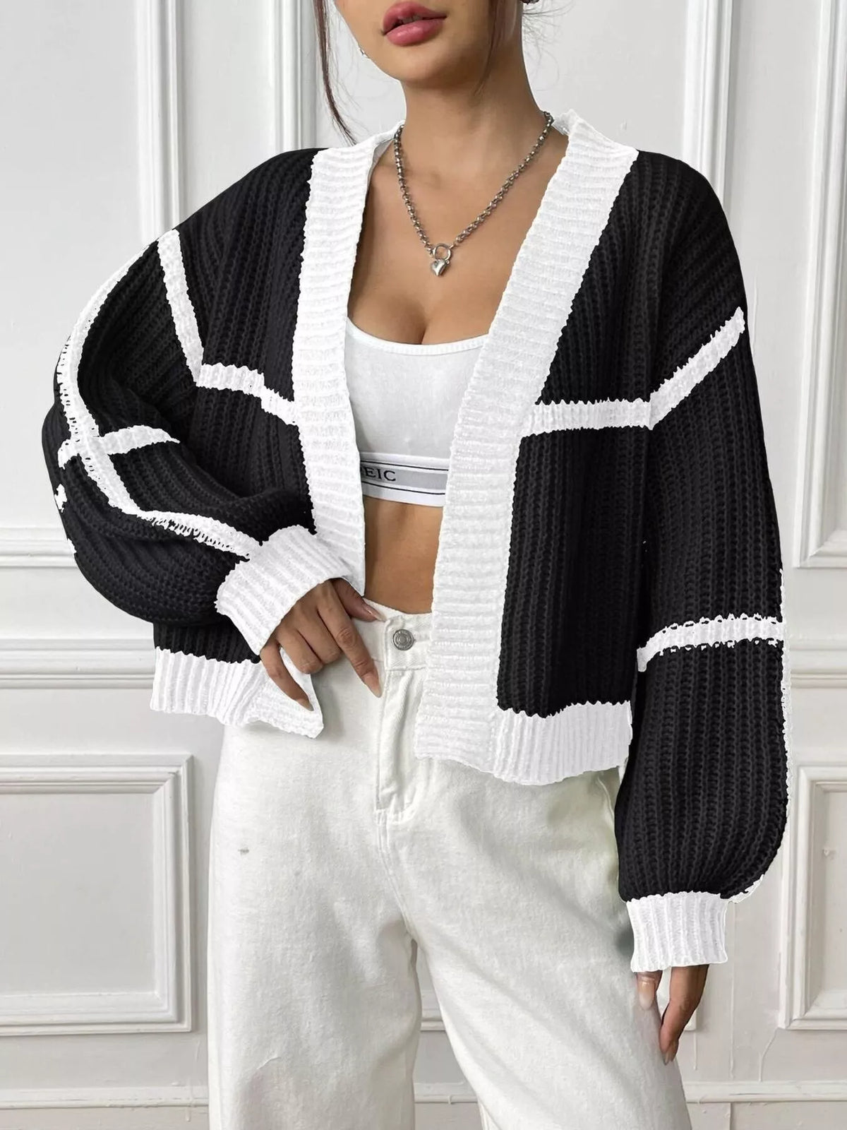 Color-block Ribbed Knit Open-front Cropped Cardigan (18)