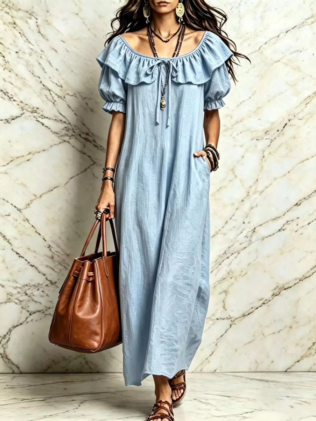 Ruffle Trim Puff Sleeve Maxi Dress