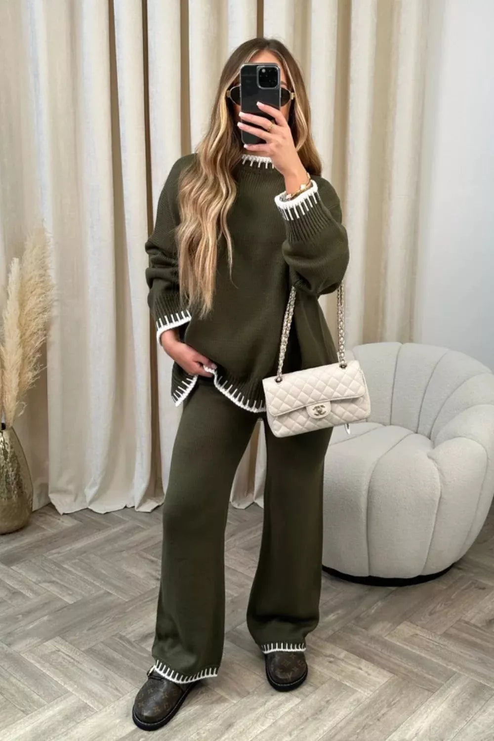 Contrast Trim Round Neck Top Pants Sweater Set (6)
