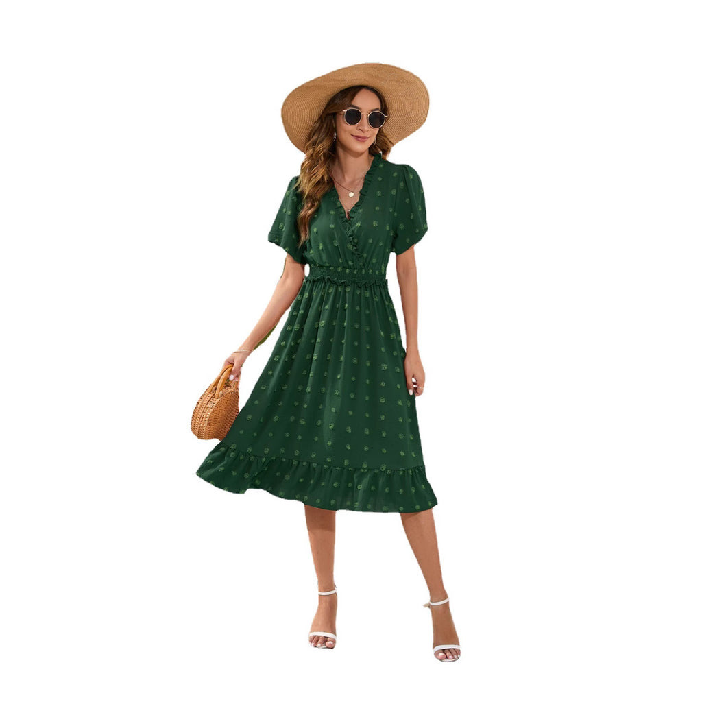 V-neck High Waist Tied Dress Fur Ball Short Sleeve photo 2