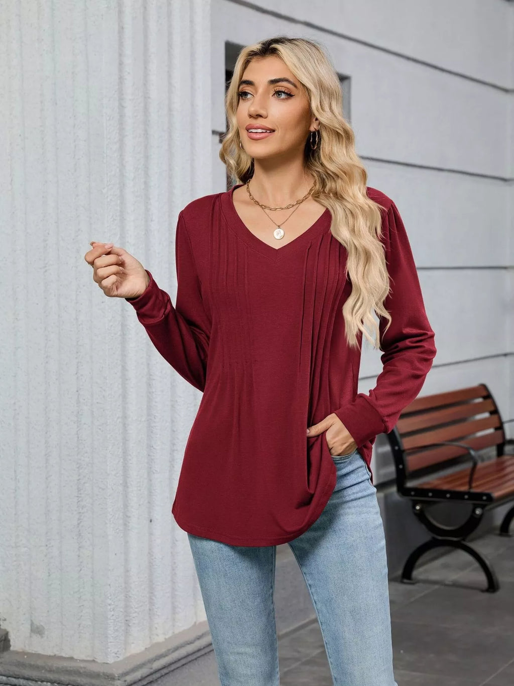 V-neck Long Sleeve Relaxed Fit T-shirt (18)