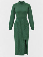 Full Size Mock Neck Cable Knit Sweater Dress Front Slit Plus (29)