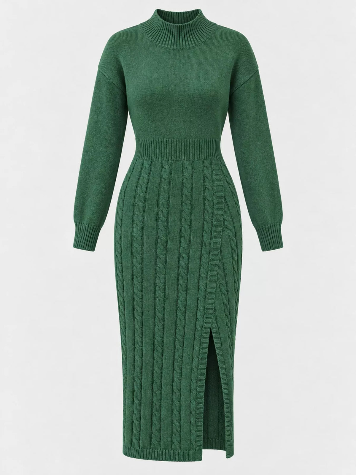 Full Size Mock Neck Cable Knit Sweater Dress Front Slit Plus (29)