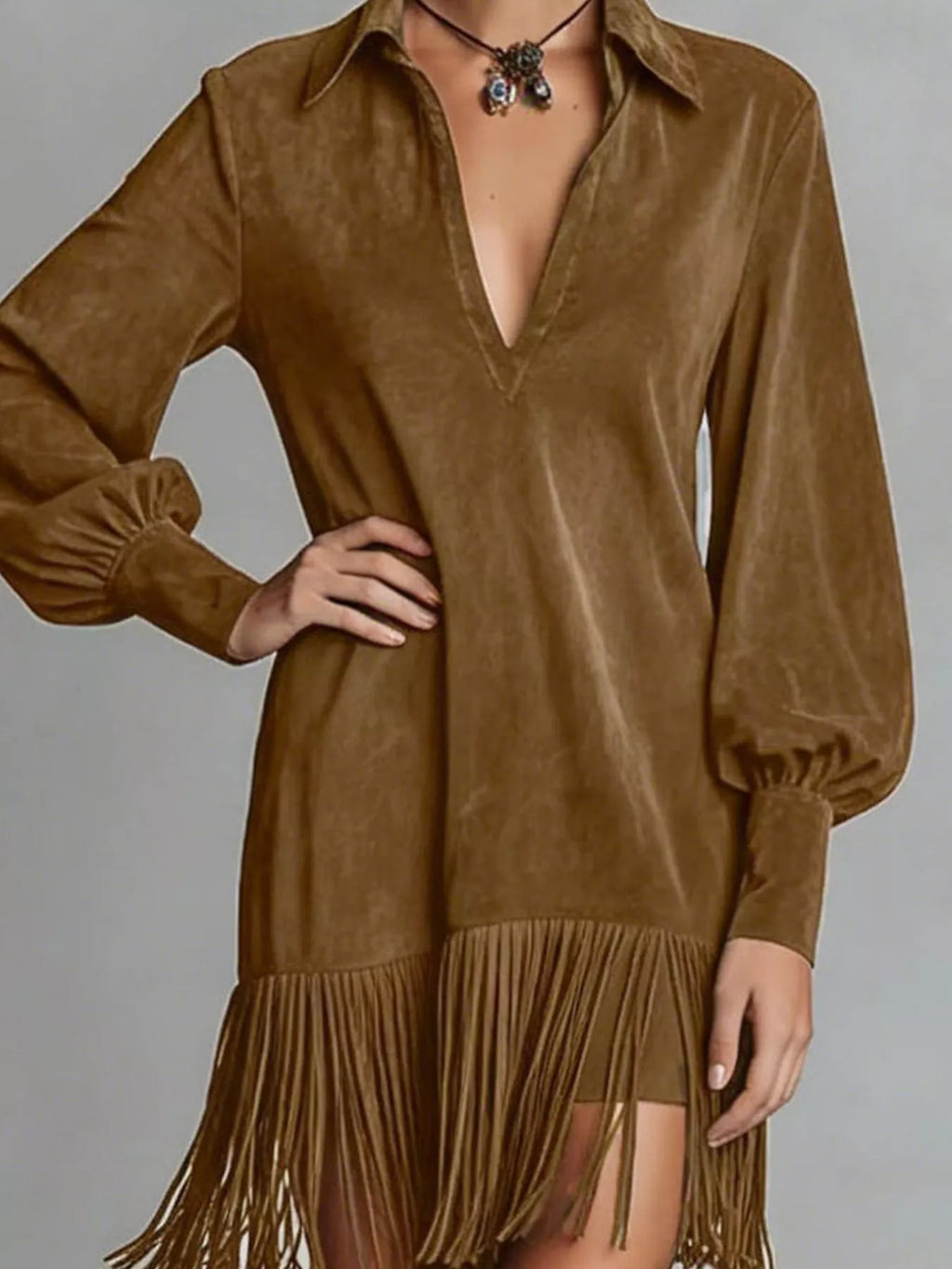 Fringed Lantern Sleeve Dress (6)