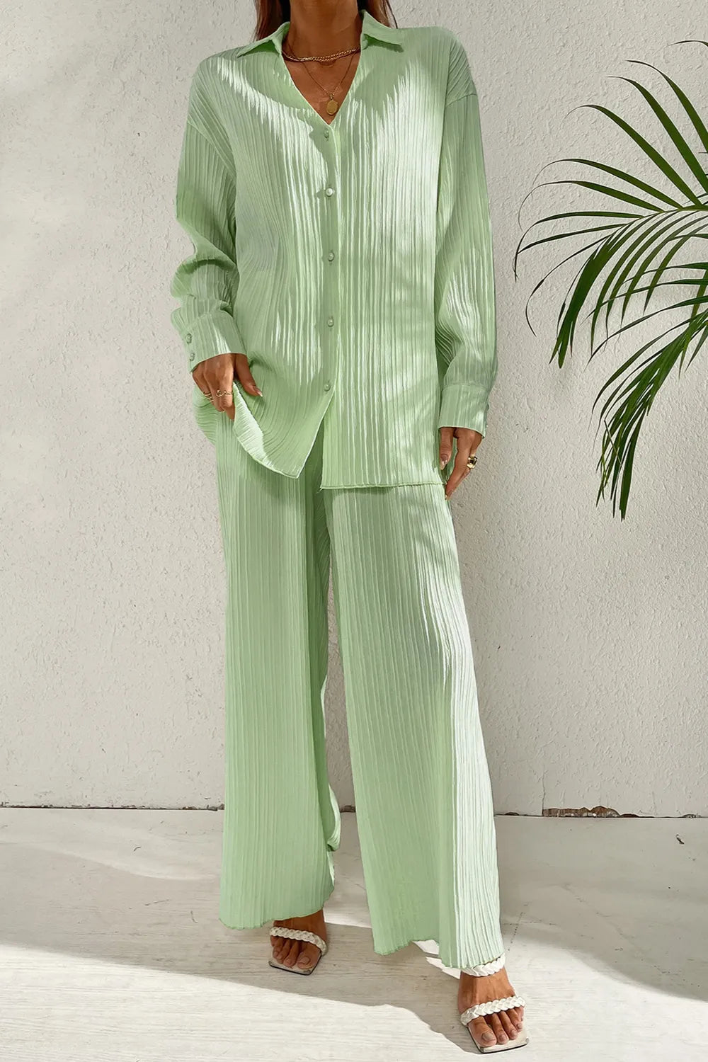 Johnny Collar Button Down Top Pants Set (2)