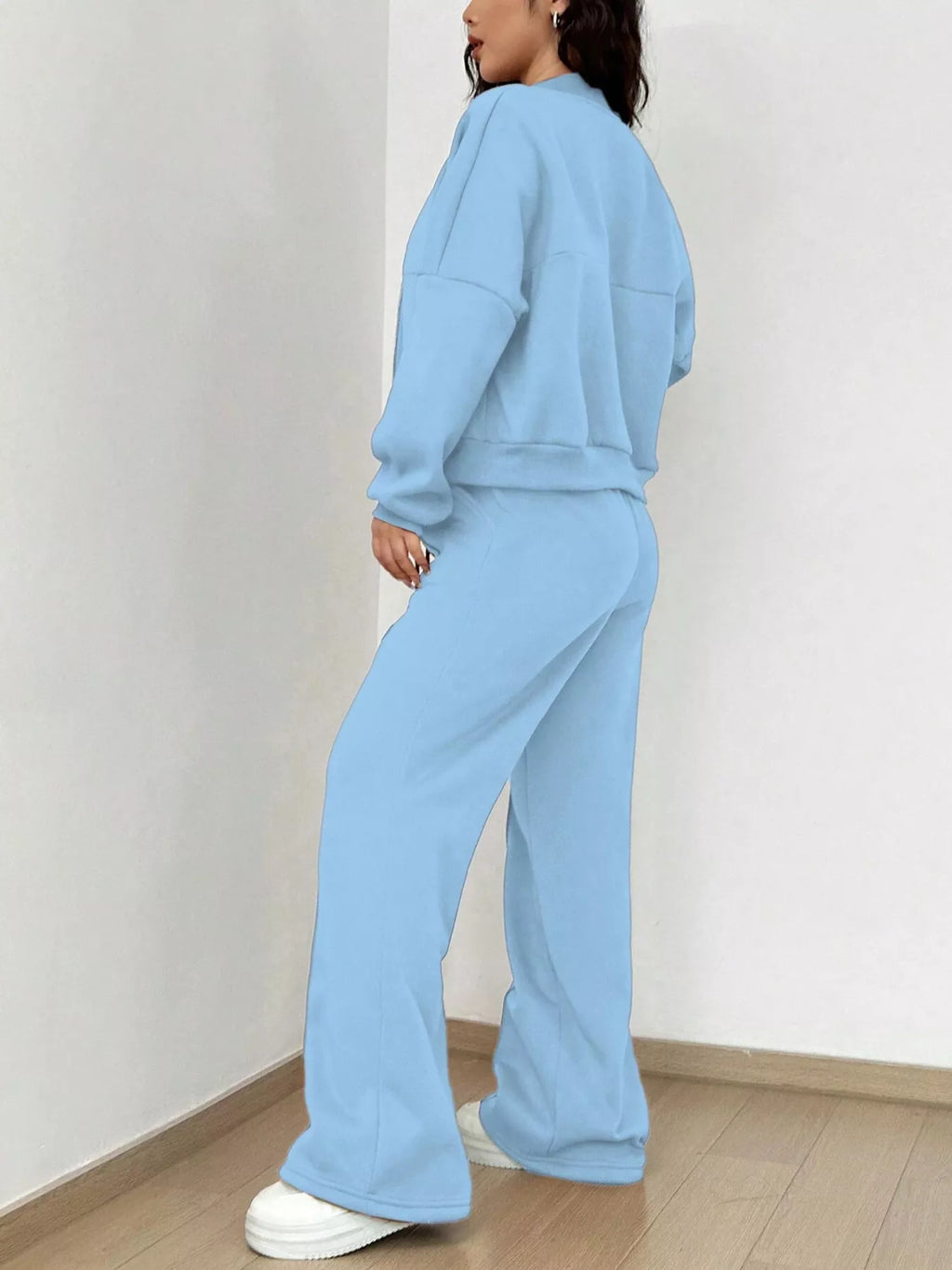 Casual Solid Color Zipper Jacket Wide Leg Pants Set (15)