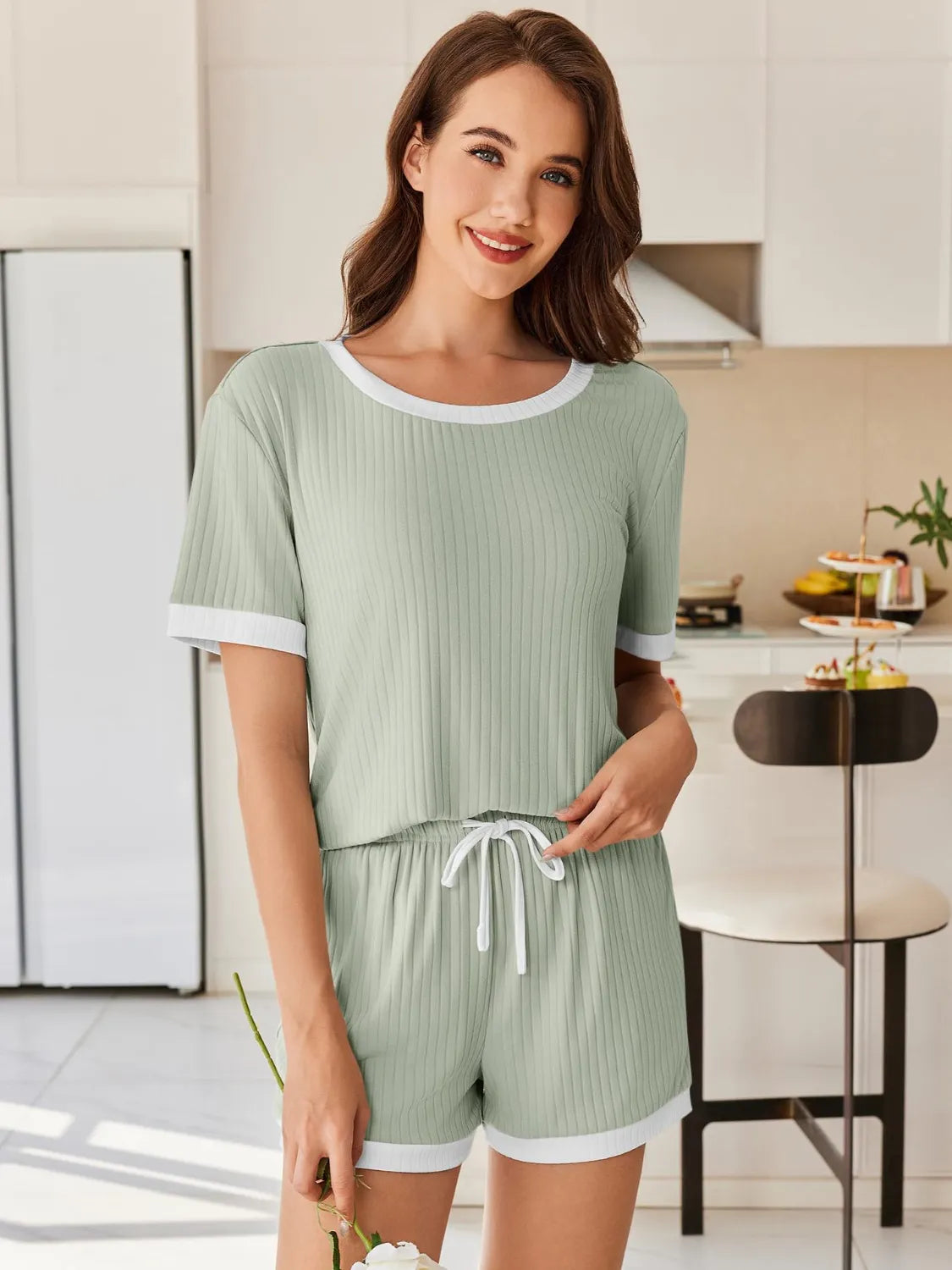 Ribbed Short Sleeve Top Shorts Set (4)
