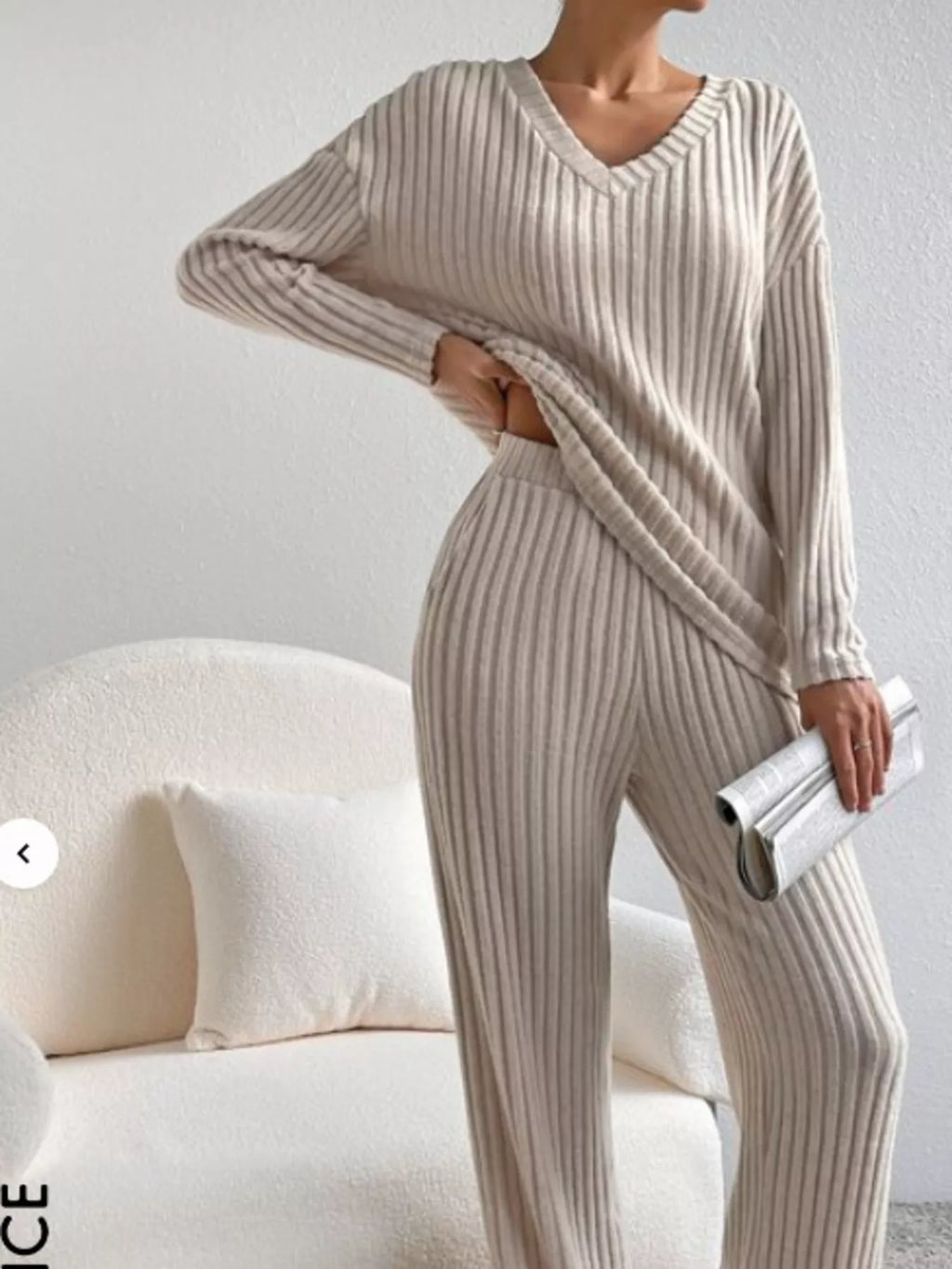Ribbed Knit Long Sleeve Top Pants Set (3)