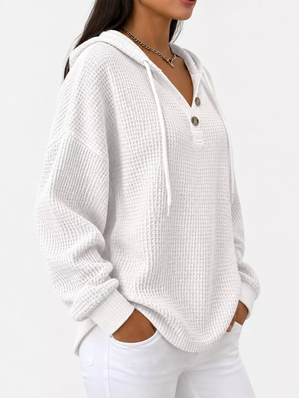 Full Size Waffle Knit Button Detail Hoodie Plus (2)