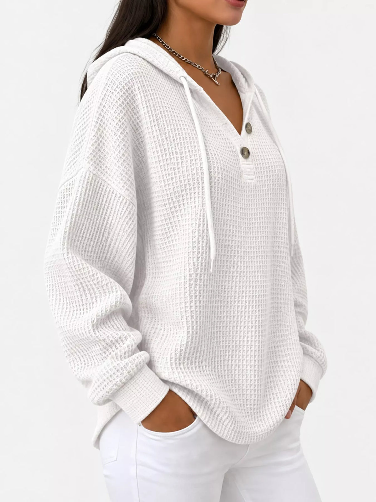 Full Size Waffle Knit Button Detail Hoodie Plus (2)