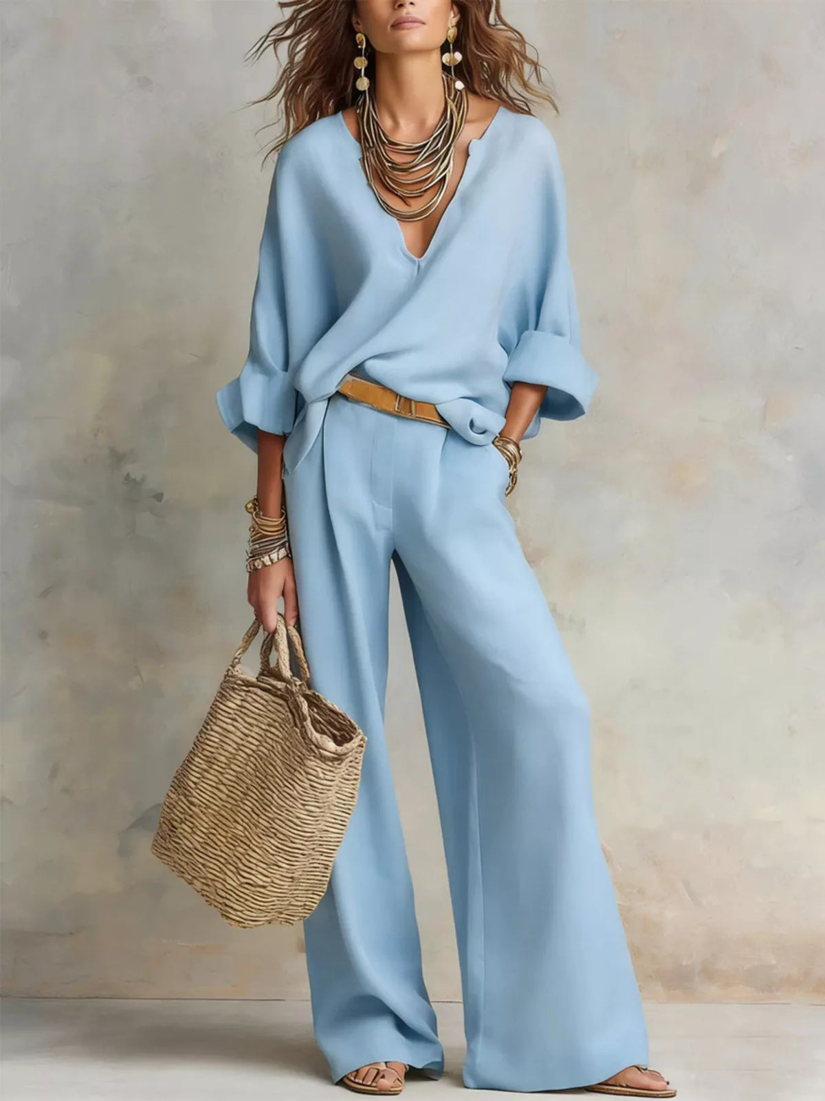 Full Size Loose Fit Top Wide-leg Pants Set Plus (7)