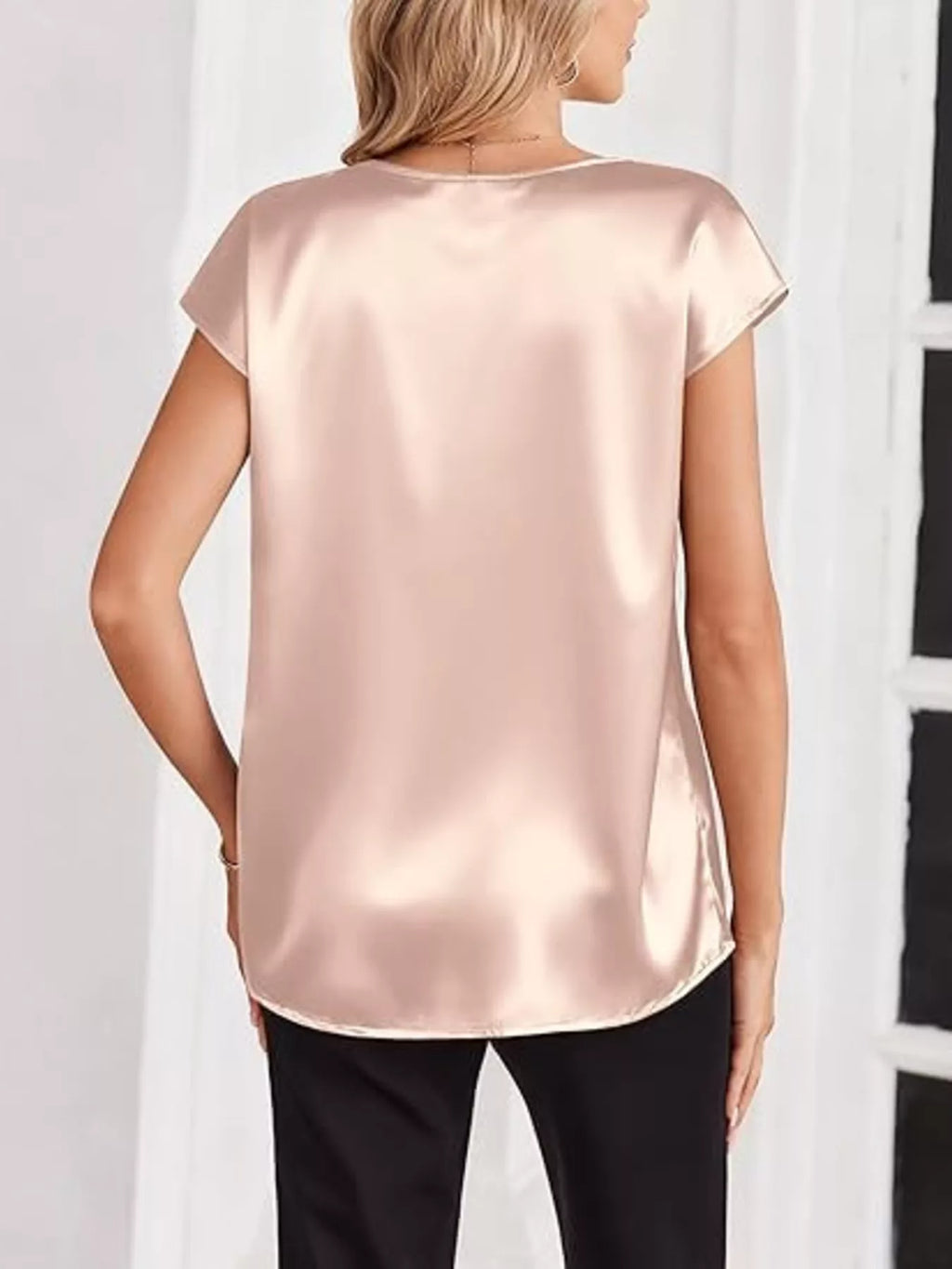 Satin V-neck Short Sleeve Blouse (16)