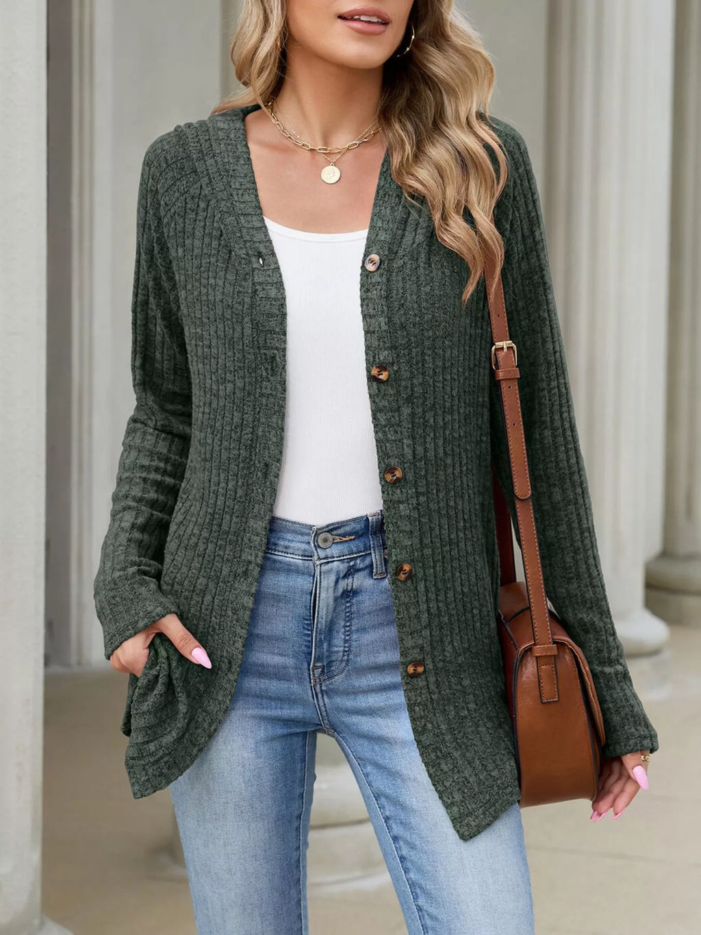 Ribbed Knit Hooded Button-down Cardigan (18)