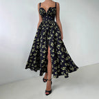 Low-collar Tie-waist High-waist Slit Printed Dress photo 1