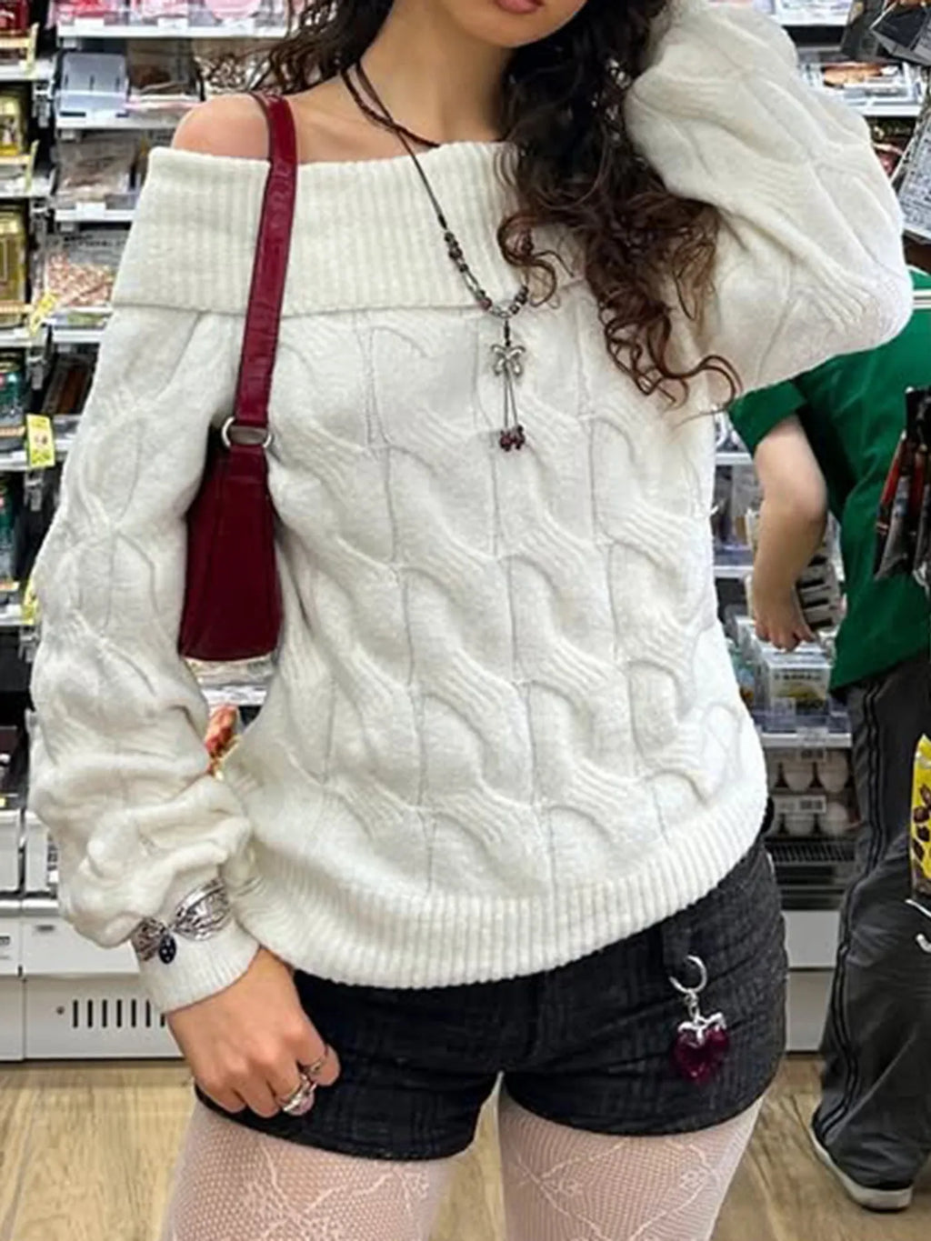 Cable Knit Off-shoulder Sweater (4)