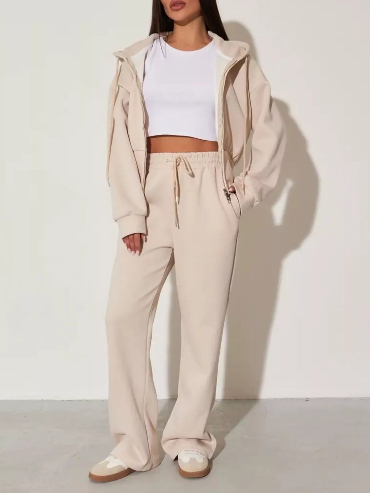 Zip-up Hoodie Wide-leg Pants Set (7)