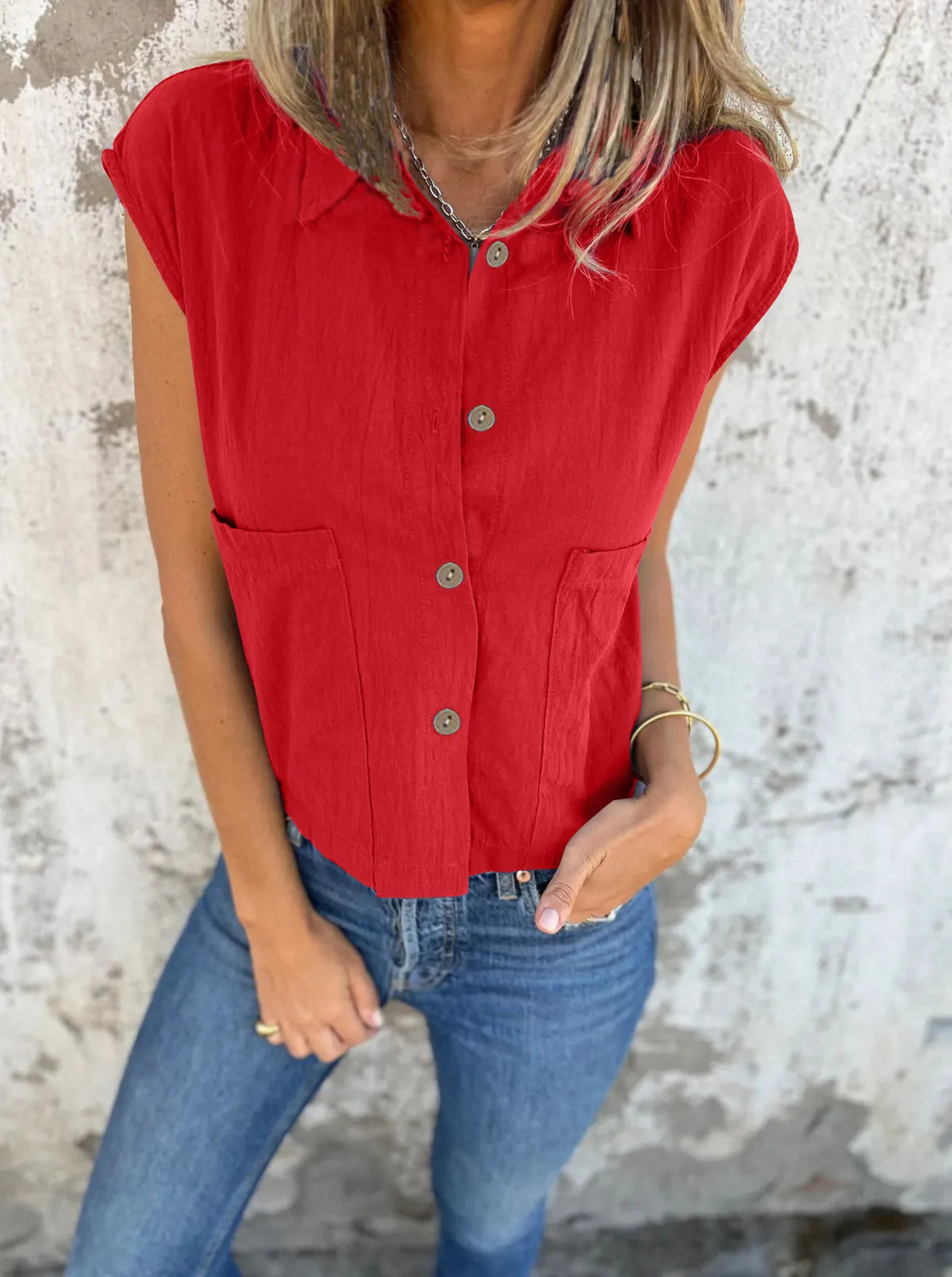 Full Size Button Down Cap Sleeve Linen Shirt Plus (4)