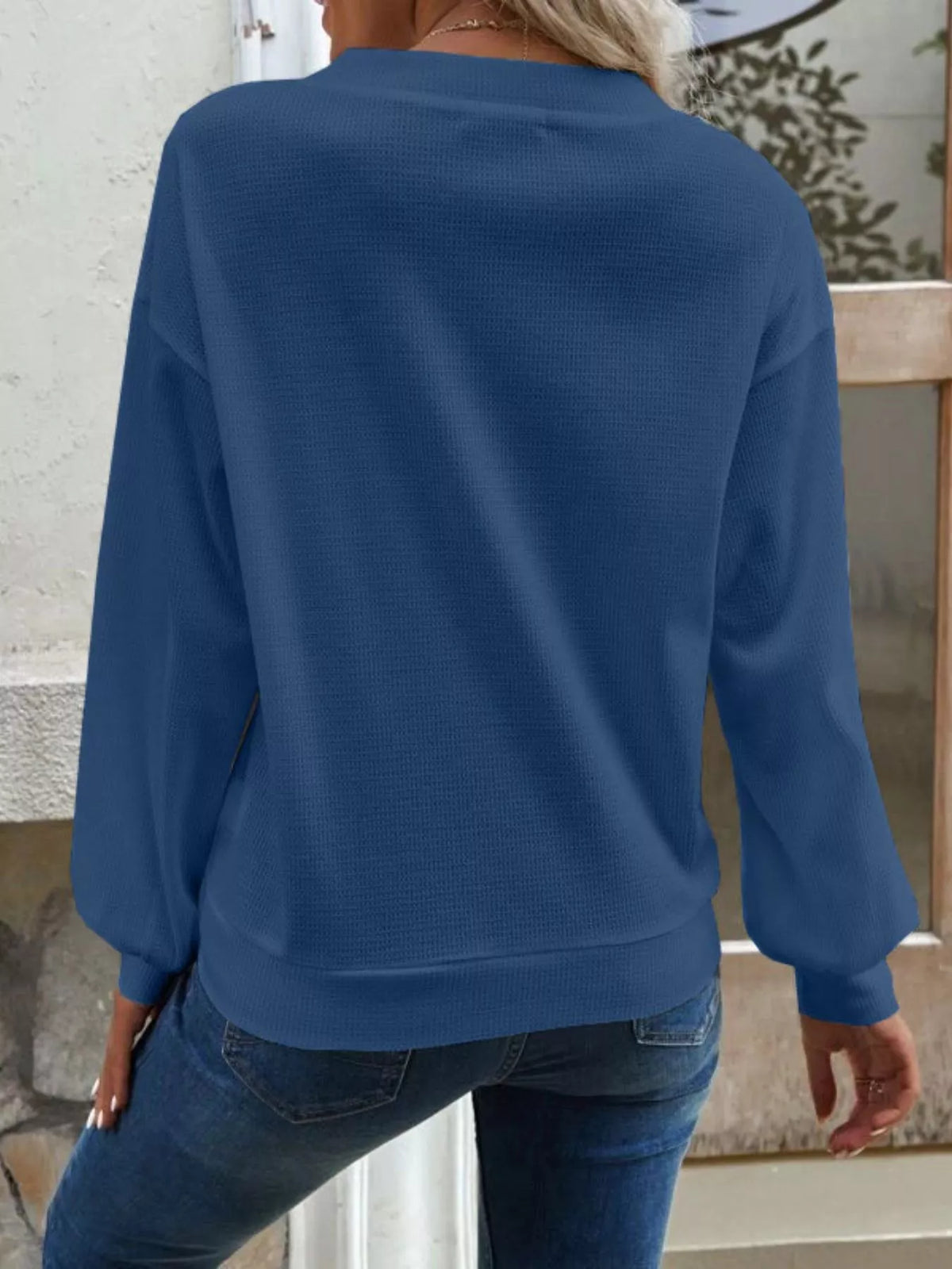 Casual V-neck Waffle Long Sleeve Top (12)