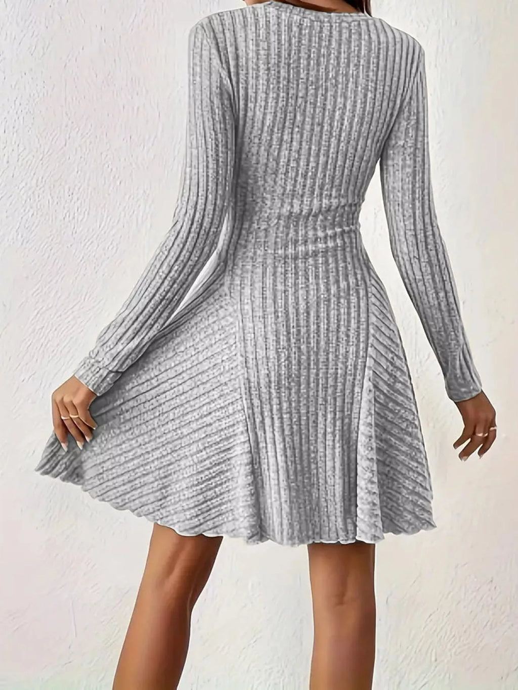 V-neck Ribbed Knit A-line Dress (31)