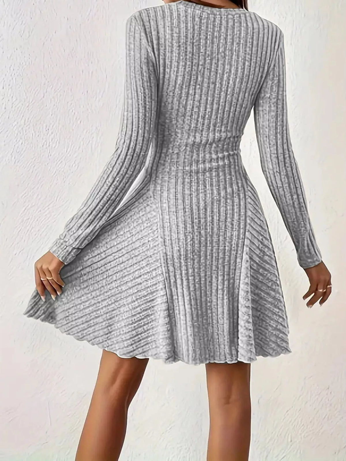 V-neck Ribbed Knit A-line Dress (31)