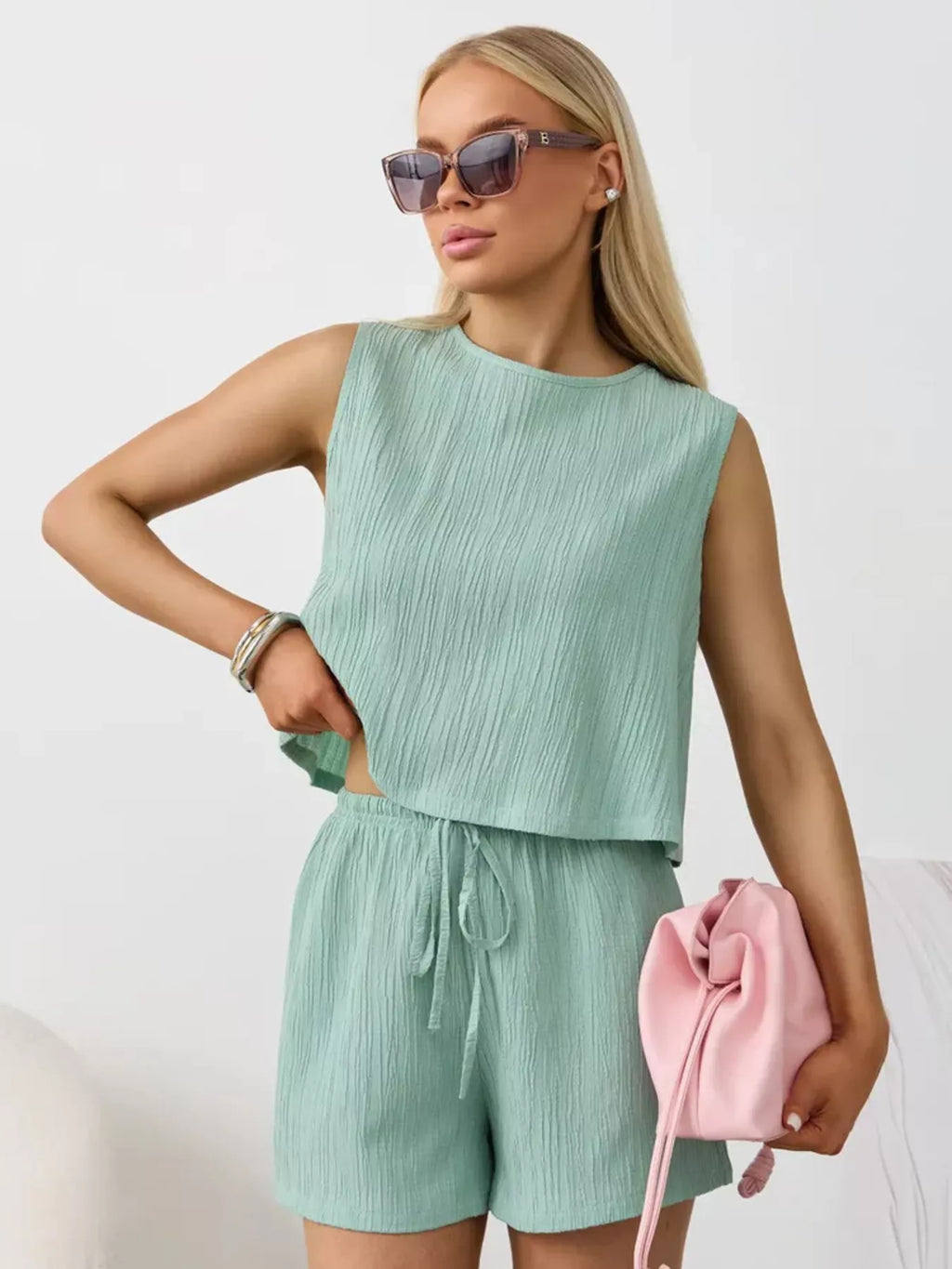 Textured Round Neck Tank Shorts Set (26)