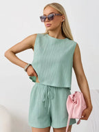 Textured Round Neck Tank Shorts Set (26)