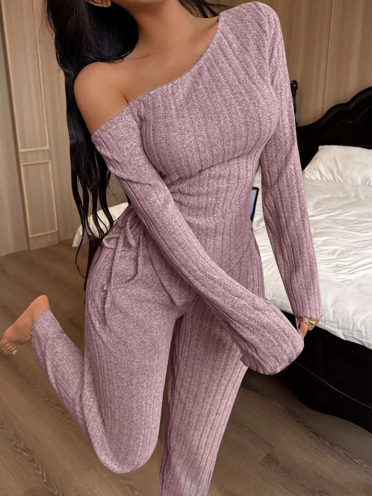 One-shoulder Ribbed Knit Top Pants Set