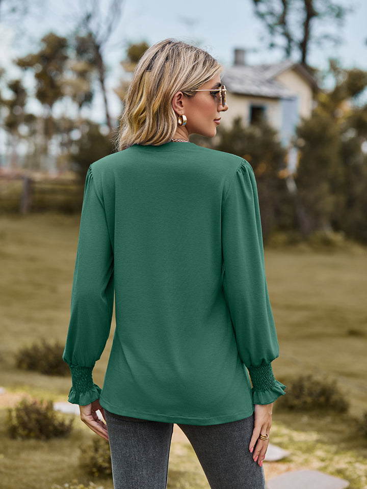 Notched Neck Flounce Sleeve Blouse (15)