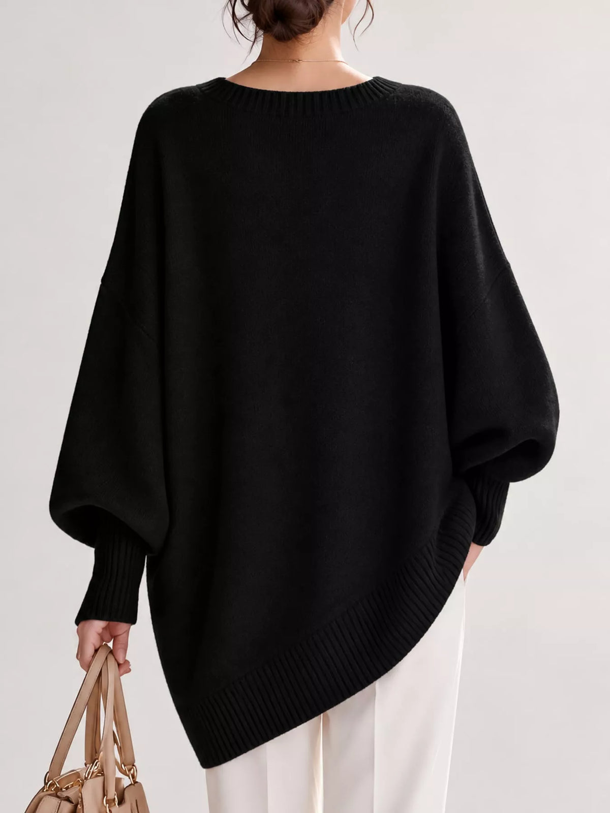 Full Size V-neck Oversized Batwing Sleeve Sweater Plus (48)