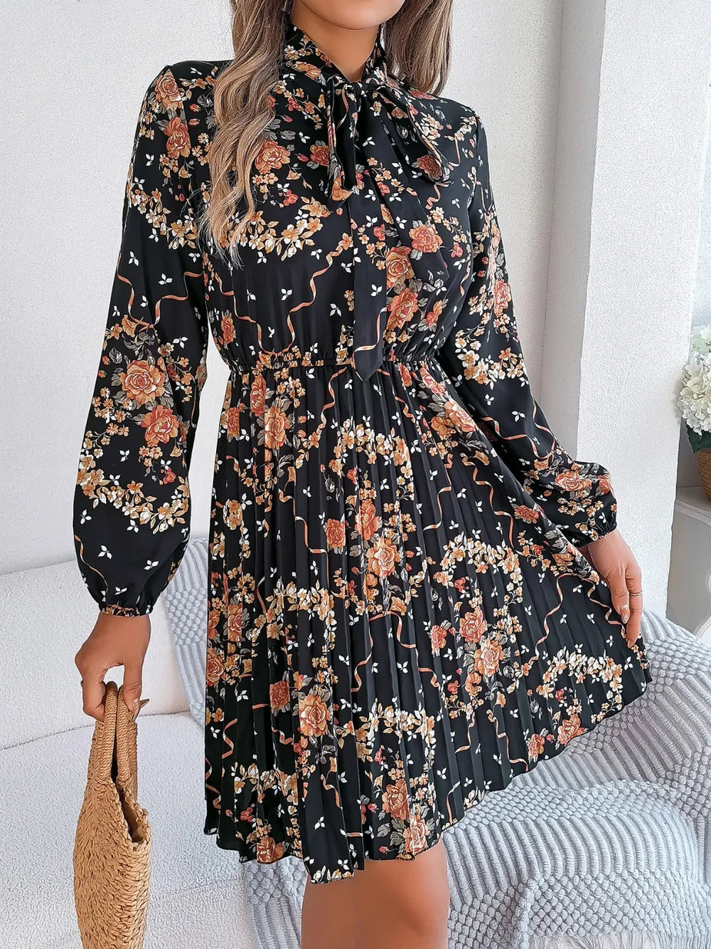 Pleated Printed Tie Neck Long Sleeve Dress (18)