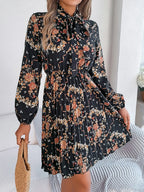 Pleated Printed Tie Neck Long Sleeve Dress (18)