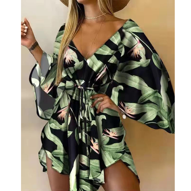 Printed V-neck Bell Sleeve Shirt Dress photo 6
