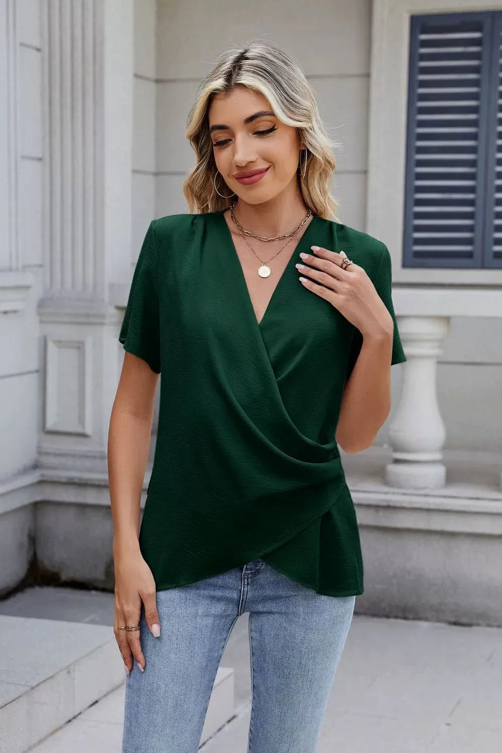 Solid Color Surplice Short Sleeve Blouse (11)