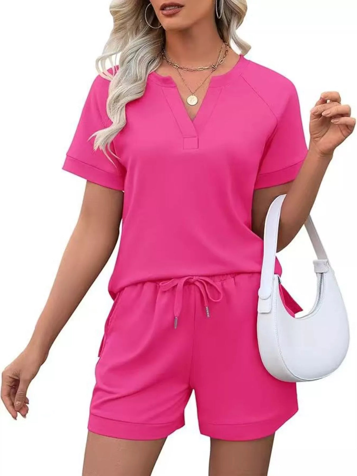 Solid Color Short Sleeve Top Shorts Two-piece Set (19)