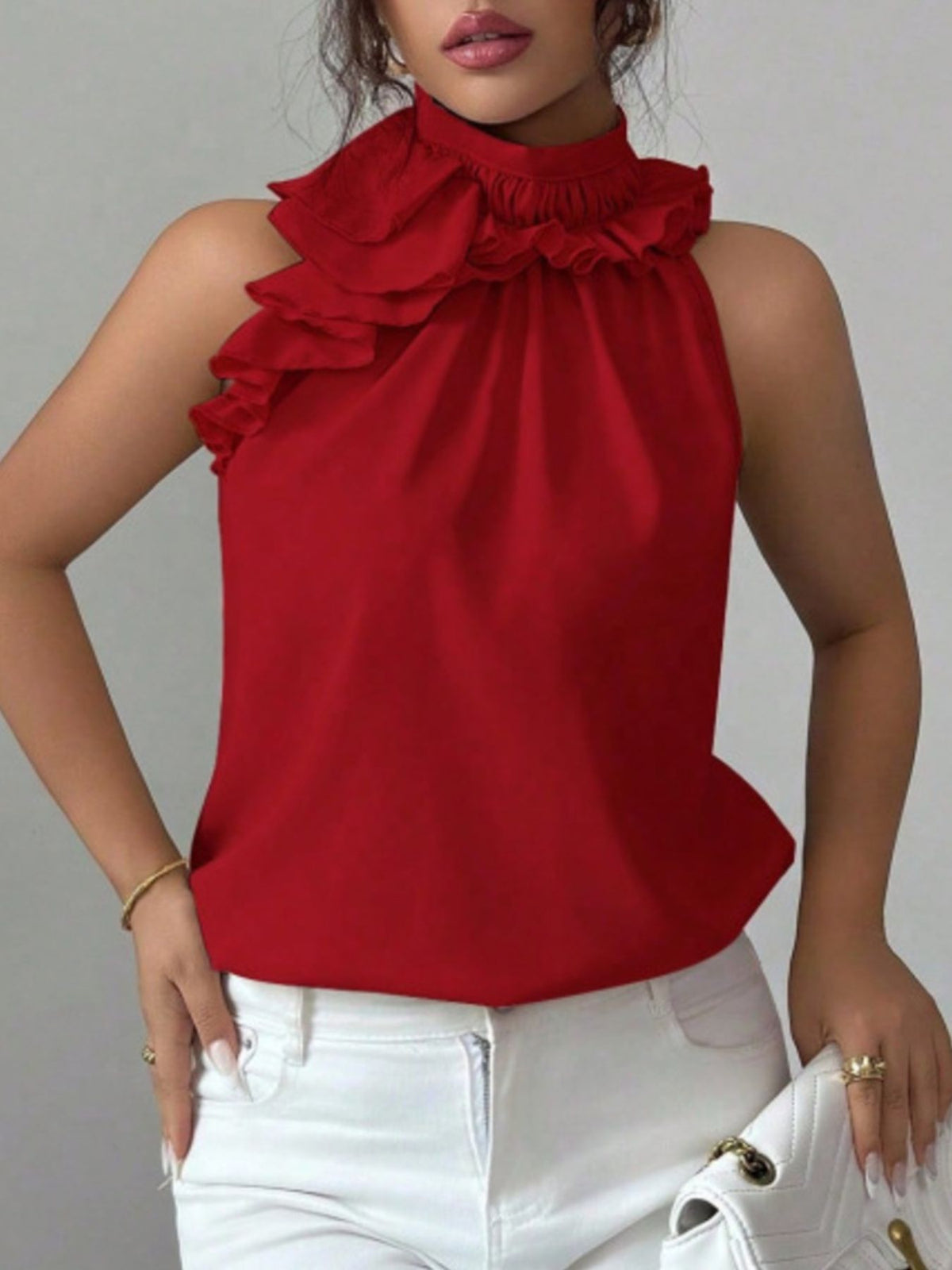 Ruffle High Neck Sleeveless Top (17)