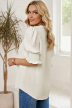 Smocked Flounce Sleeve Notched Neck Blouse (20)