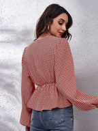 Ruched Printed V-neck Long Sleeve Blouse (21)