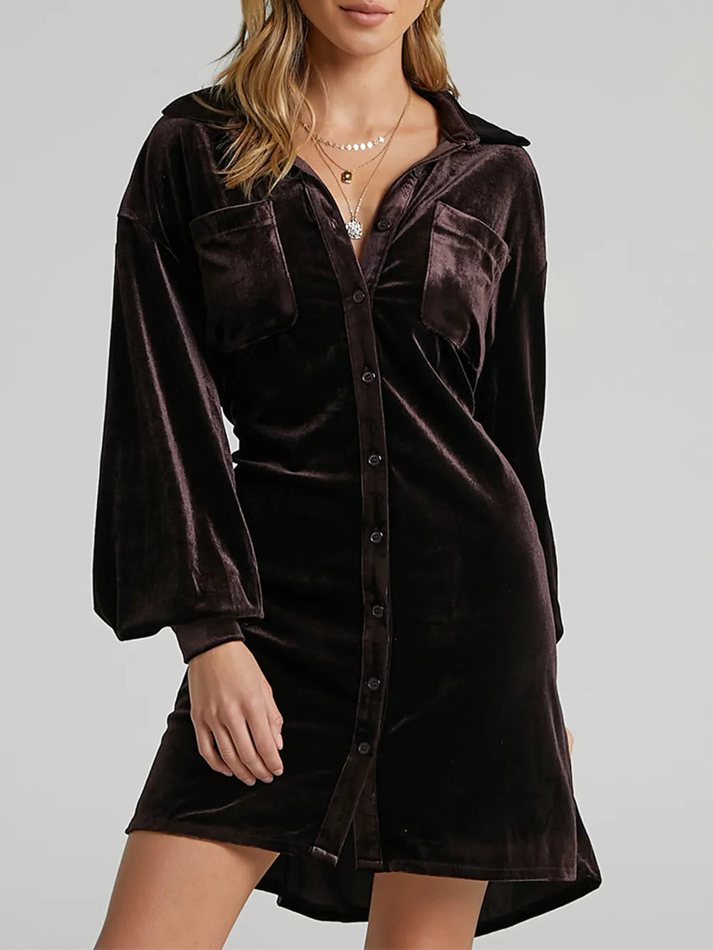 Collared Neck Button Down Long Sleeve Mini Dress (8)