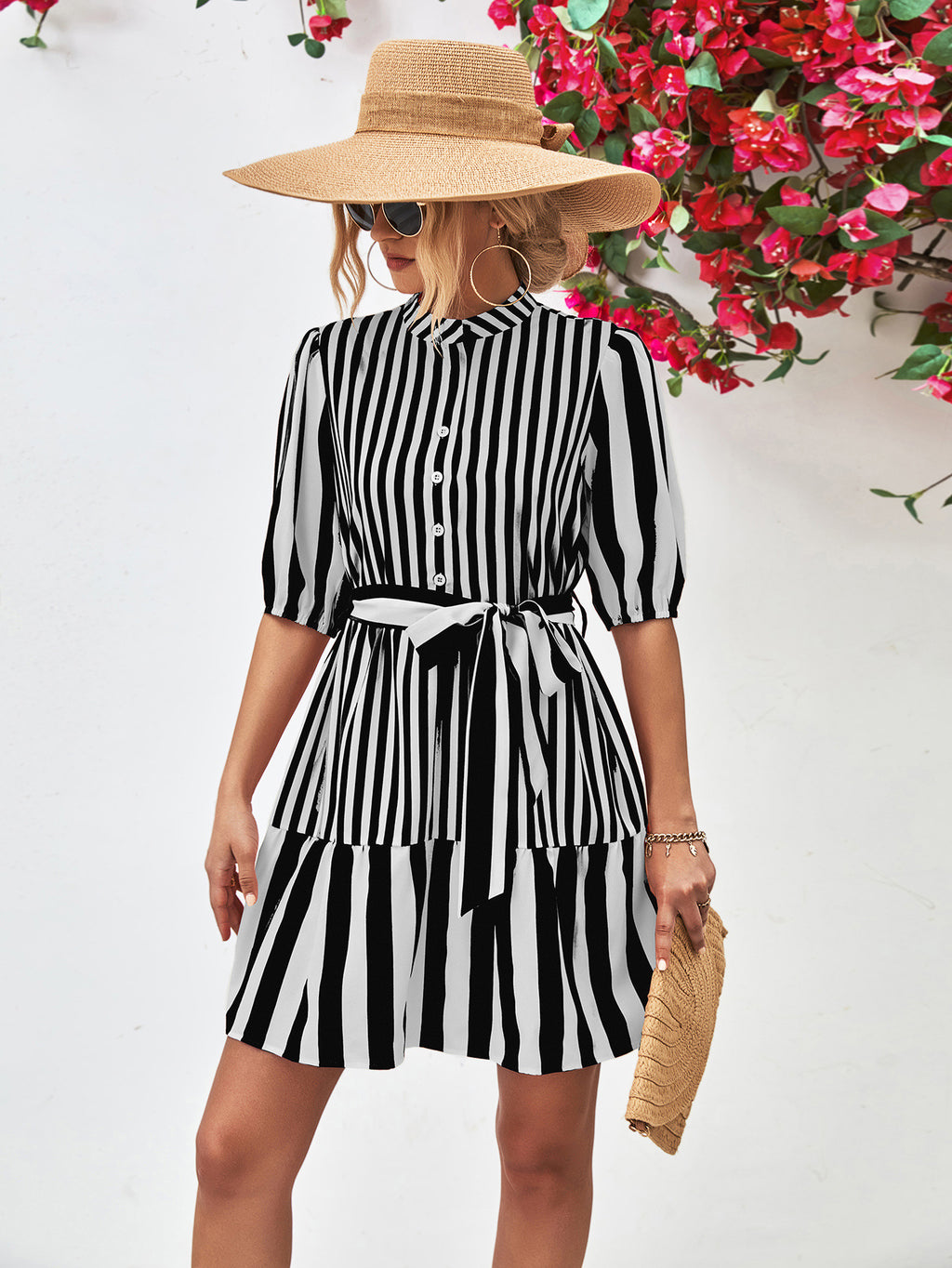 Striped Half Sleeve Tie Waist Mini Dress (12)