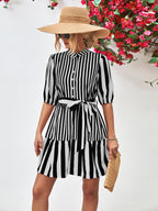 Striped Half Sleeve Tie Waist Mini Dress (12)